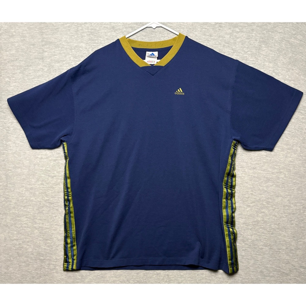 Adidas V-Neck T-Shirt Y2K Baggy Side Stripe Logo Embroidered Casual Blue XL